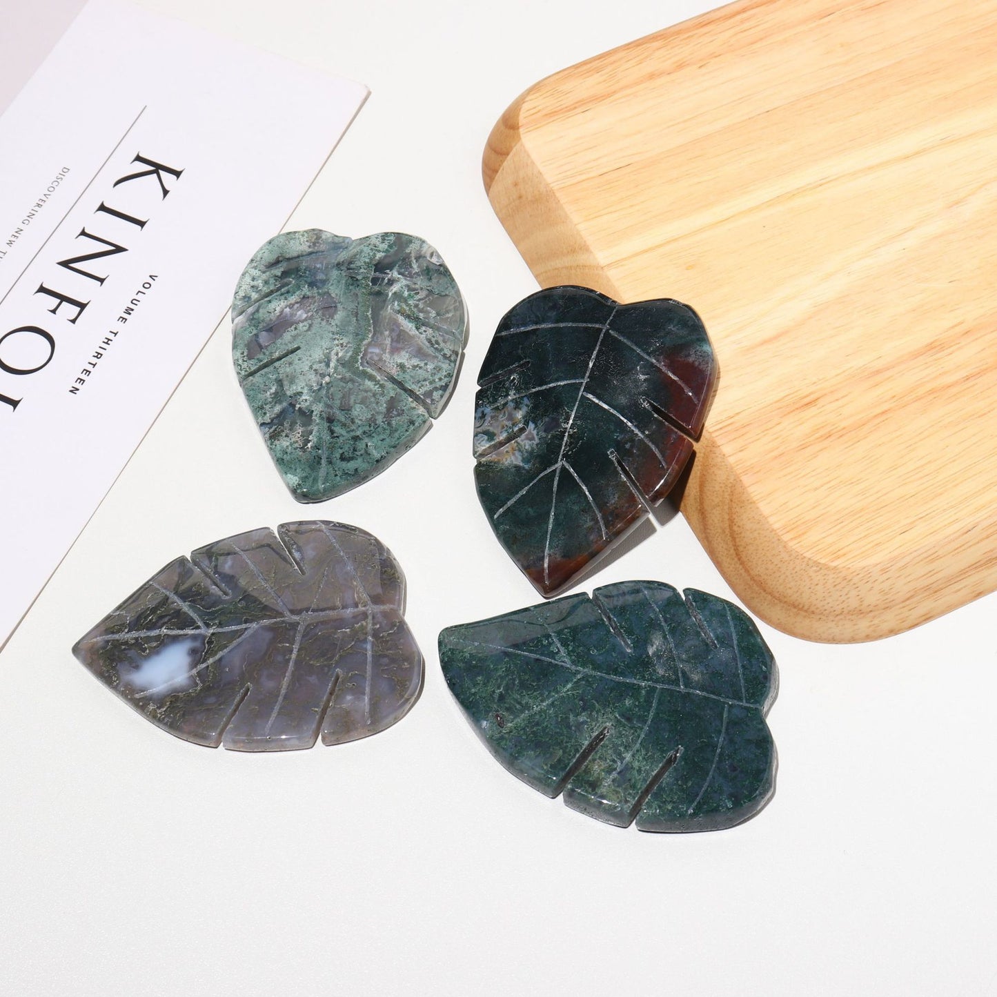 Natural Crystal Water Grass Agate Leaves Hand Carved Gemstones